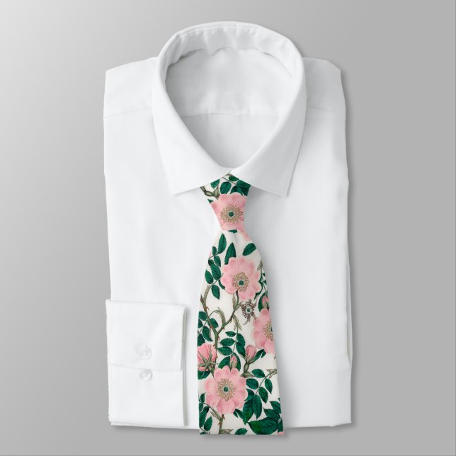 Pink Wild Rose Flowers & Green Leaves Pattern Tie (Tied)