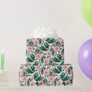 Pink Wild Rose Flowers & Green Leaves Pattern Wrapping Paper
