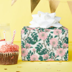 Pink Wild Rose Flowers & Green Leaves Pattern Wrapping Paper