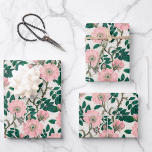 Pink Wild Rose Flowers & Green Leaves Pattern Wrapping Paper Sheet
