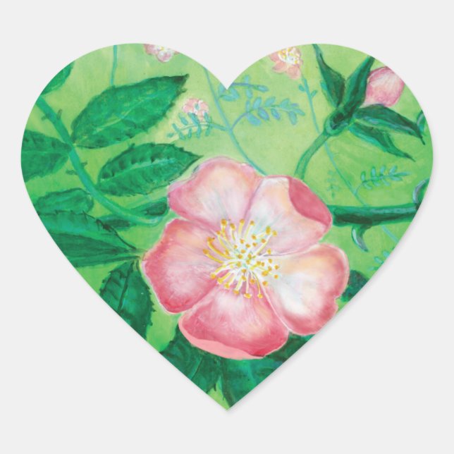 Pink Wild Rose Illustration  Heart Sticker (Front)