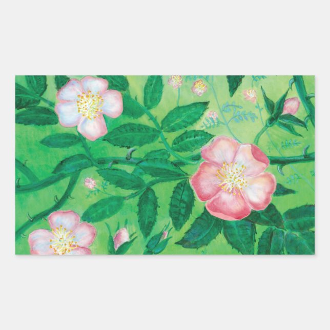 Pink Wild Rose Illustration  Rectangular Sticker (Front)