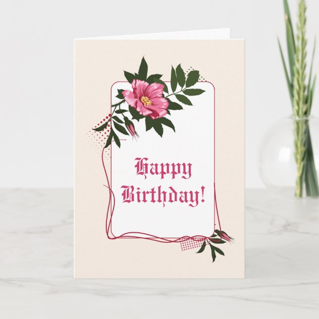 Pink wild rose, linen floral Happy Birthday Card (Front)