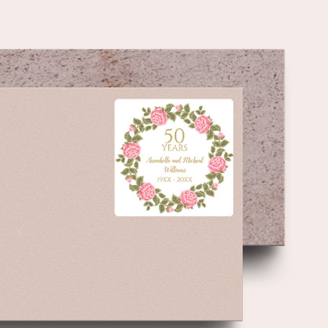 PINK WILD ROSES Floral Garland 50th Wedding  Square Sticker (Creator Uploaded)