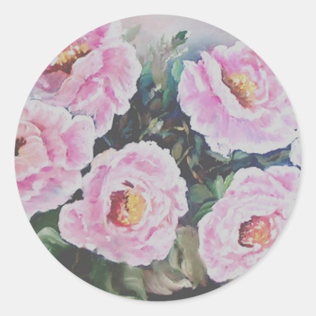 PINK WILD ROSES PAINTING  CLASSIC ROUND STICKER (Front)