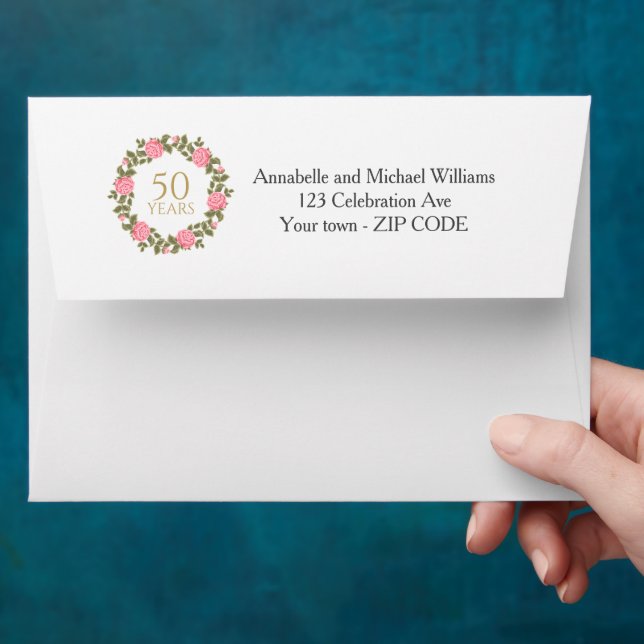 PINK WILD ROSES WREATH 50th  Wedding address Envelope (Hand)