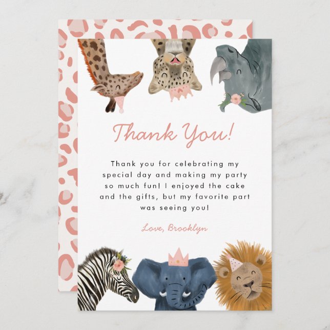 Pink Wild Safari Animals Birthday Party  Thank You Card (Front/Back)