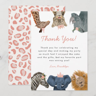 Pink Wild Safari Animals Birthday Party Thank You Card