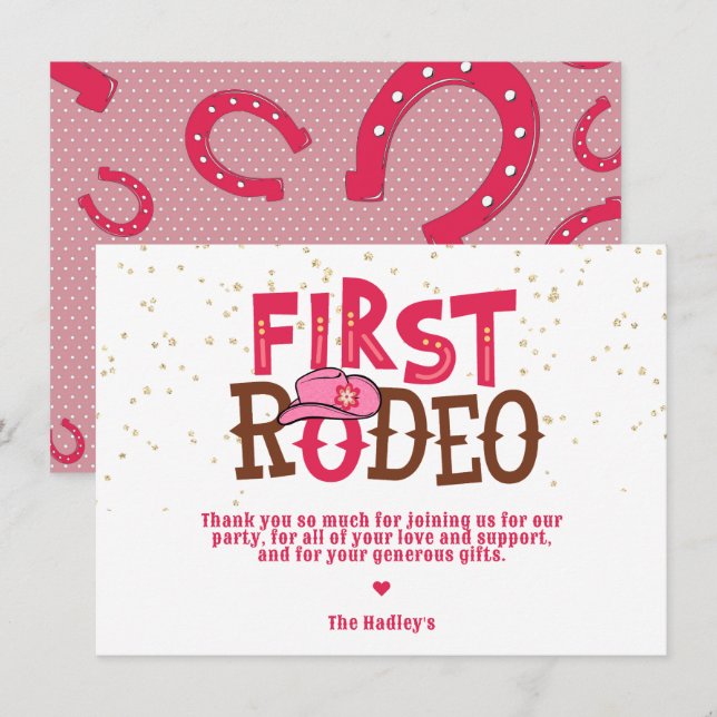 Pink Wild West Cowgirl 1st Birthday Thankyou Card (Front/Back)