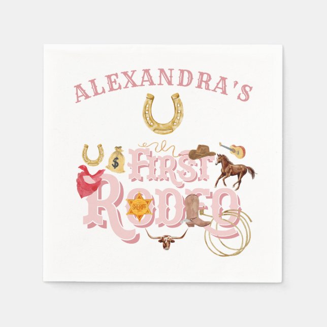 Pink Wild West First Rodeo Baby Girl 1st Birthday Napkin (Front)