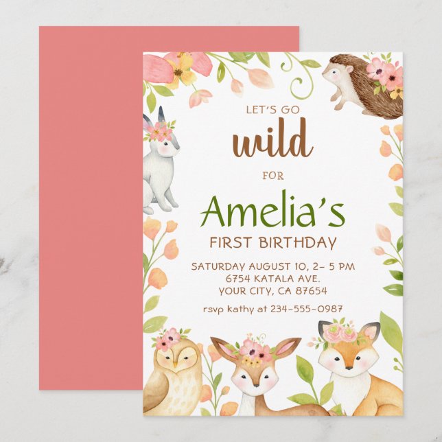Pink Wild Woodland Animals 1st Birthday Invitation (Front/Back)