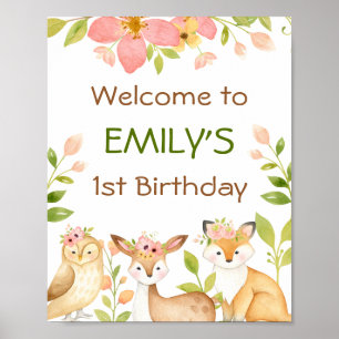Pink Wild Woodland Animals 1st Birthday Poster