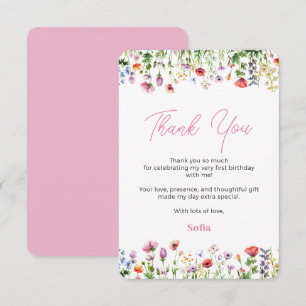 Pink Wildflower 1st Birthday Thank You Card