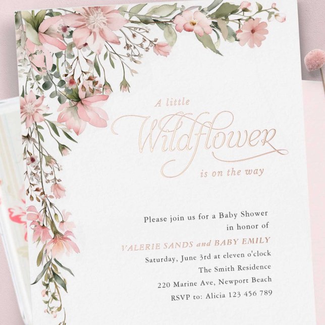 Pink Wildflower and Greenery Baby Girl Shower (Rose gold, pink little wildflower themed baby girl shower invitation.)
