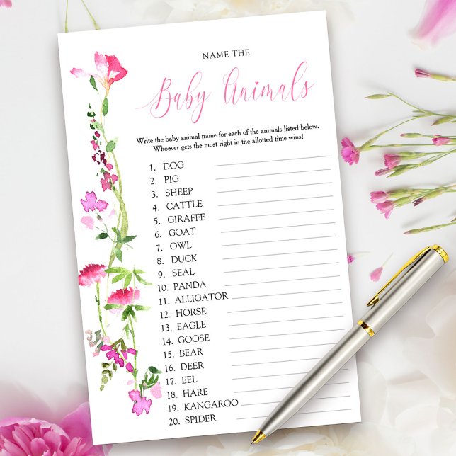 Pink Wildflower Baby Animal Name Quiz Game (Baby Animal Game Cards from my Pink Wildflower Collection. Message me to create co-ordinating items.)