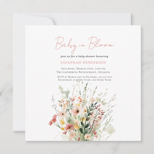 Pink Wildflower Baby in Bloom Baby Shower Invitation (Front)