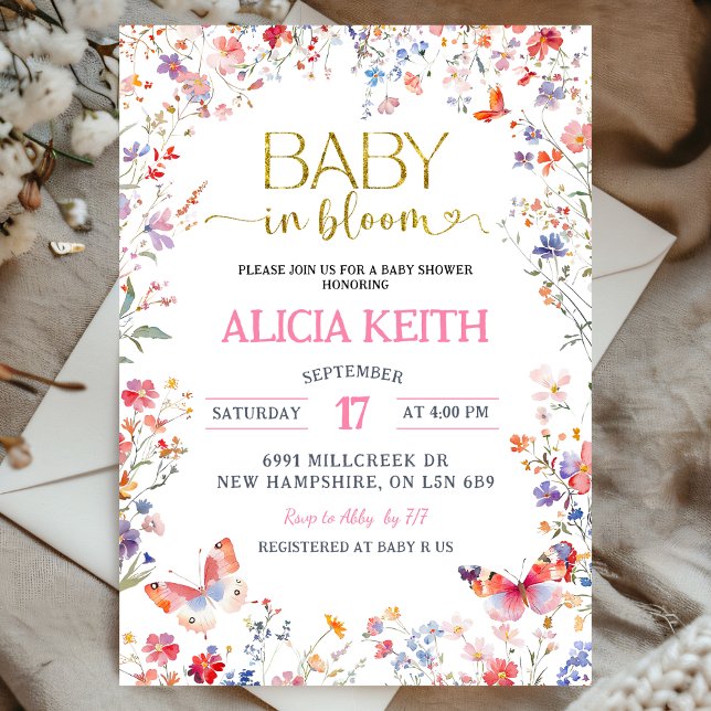 Pink Wildflower Baby in Bloom Baby Shower Invitation (Creator Uploaded)