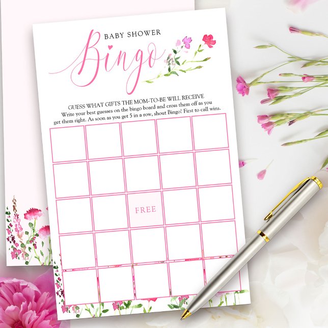 Pink Wildflower Baby Shower Bingo Game (Bingo Game Cards from my Pink Wildflower Collection. Message me to create co-ordinating items.)