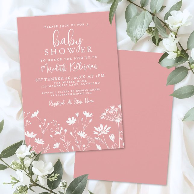 Pink Wildflower Baby Shower Invitation (Minimalist Pink Wildflower Baby Shower Invitation)