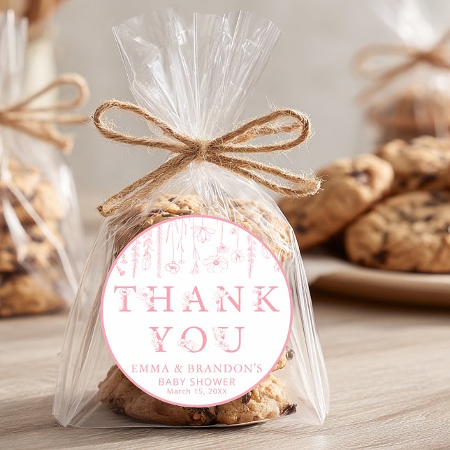 Pink Wildflower Baby Shower Thank You Stickers (Pink Thank You Sticker)