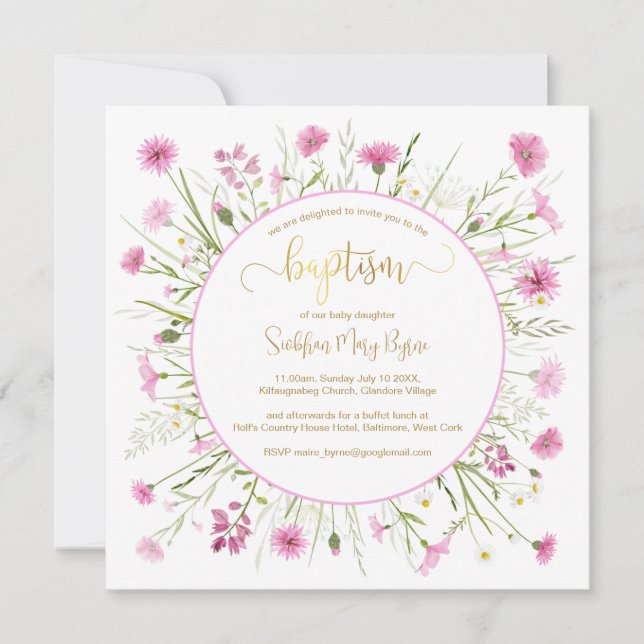 Pink Wildflower Baptism Card Gold Font (Front)