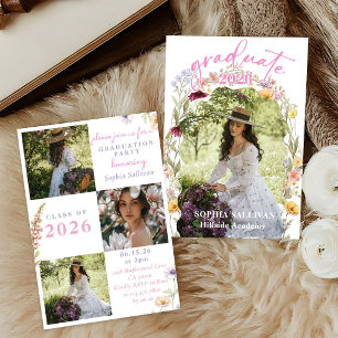 Pink Wildflower Bloom Graduation Party Invitation