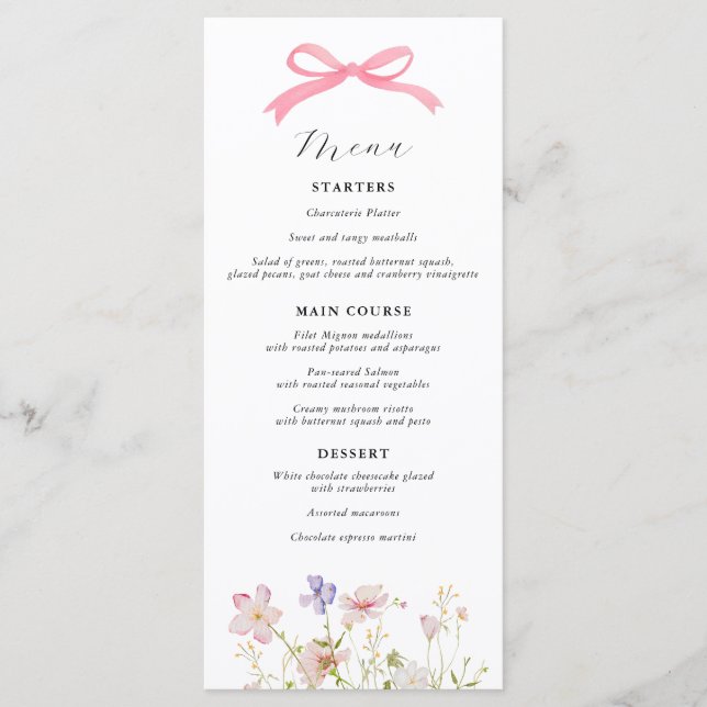 Pink Wildflower Bow Baby Shower Menu (Front)