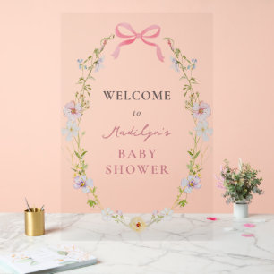Pink Wildflower Bow Baby Shower Welcome Sign