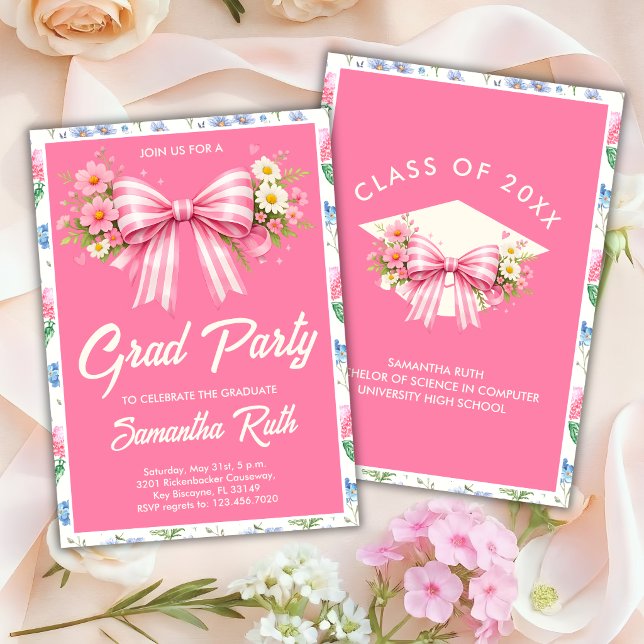 Pink Wildflower Bow Graduation Party  Invitation (Creator Uploaded)