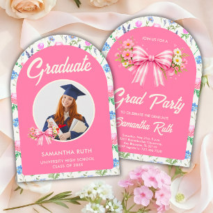 Pink Wildflower Bow Photo Graduation Party Invitation