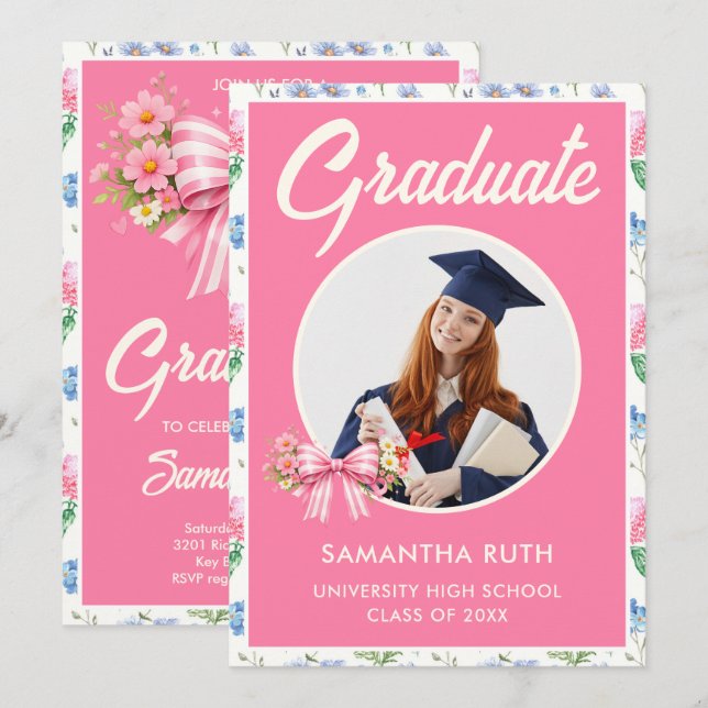 Pink Wildflower Bow Photo Graduation Party Invitation (Front/Back)