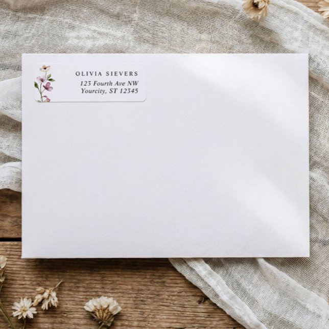 Pink Wildflower Bridal Shower Return Address (Floral wildflower return address labels with soft watercolor flowers and greenery)