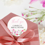 Pink Wildflower Bridal Shower Thank You Script Classic Round Sticker<br><div class="desc">Wildflower Meadow thank you stickers which you can personalise for any occasion. Dainty floral arrangements of pretty pink wild flowers with thank you lettered in elegant calligraphy. Soft feminine design with delicate and airy watercolor wildflowers in shades of pink. Nature inspired botanical design with romantic country garden blooms and flower...</div>