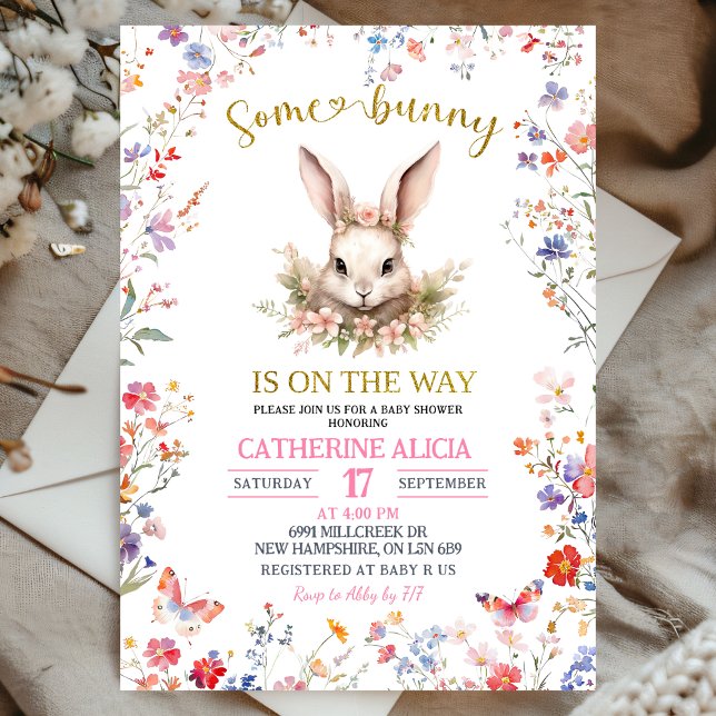Pink Wildflower Bunny Baby Shower Invitation (Creator Uploaded)