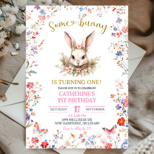 Pink Wildflower Bunny Birthday Invitation