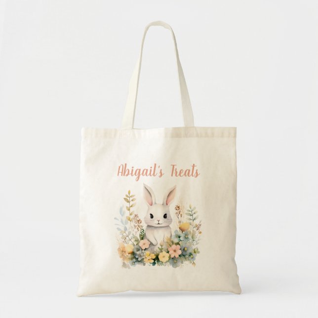 Pink Wildflower Bunny Rabbit Personalised Tote Bag (Front)