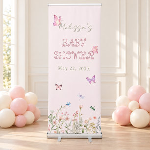 Pink Wildflower Butterfly Baby Shower Retractable Banner