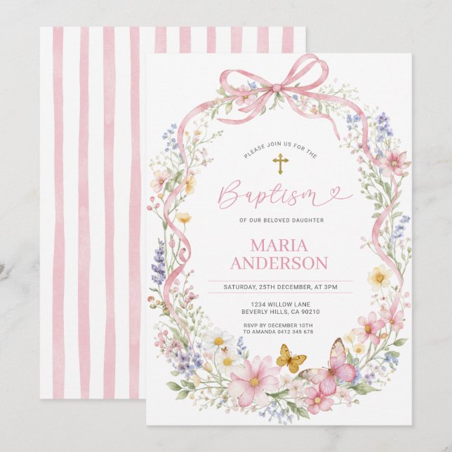 Pink Wildflower butterfly Baptism Cross Invitation (Front/Back)