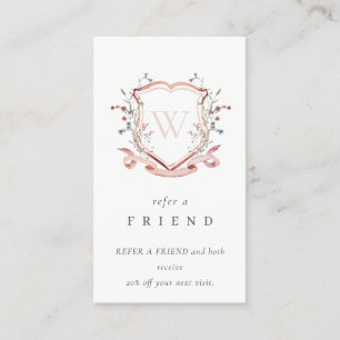 Pink Wildflower Crest Monogram Refer A Friend Business Card