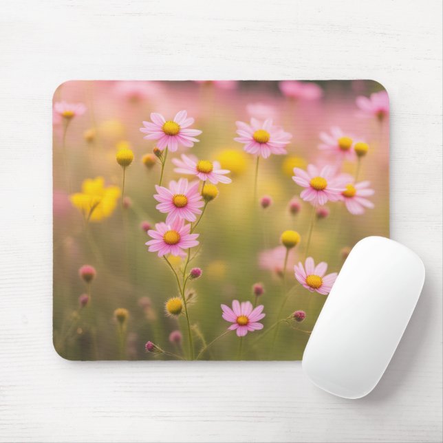 Pink Wildflower Daisy Field Mouse Mat (With Mouse)