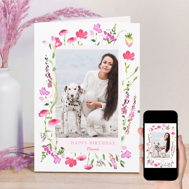 Pink Wildflower Delicate Floral Photo Birthday Card (Creator Uploaded)