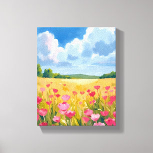 Pink Wildflower Field Floral Watercolor Painting Canvas Print