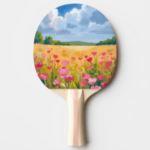 Pink Wildflower Field Floral Watercolor Painting Ping Pong Paddle