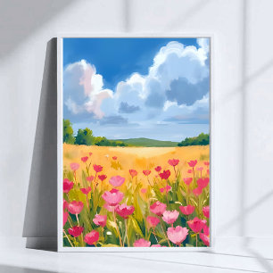 Pink Wildflower Field Floral Watercolor Painting Poster