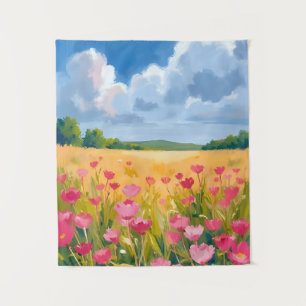 Pink Wildflower Field Floral Watercolor Painting Tapestry