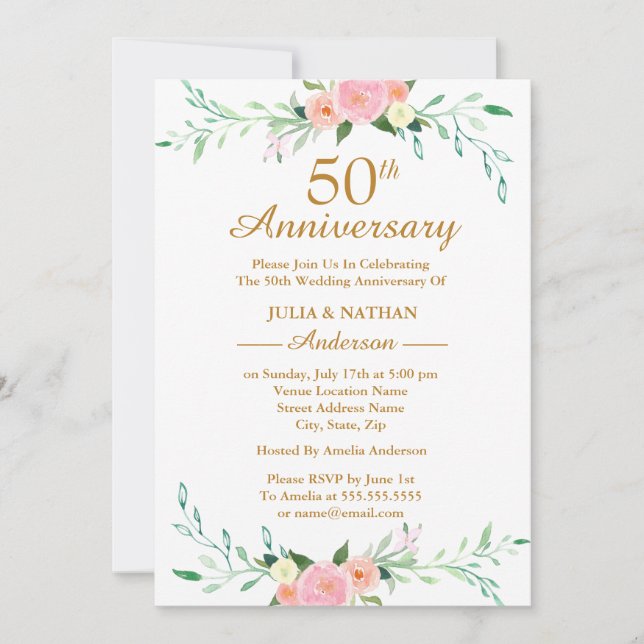 Pink Wildflower Floral 50th Wedding Anniversary Invitation (Front)