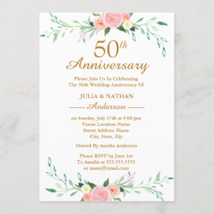 Pink Wildflower Floral 50th Wedding Anniversary Invitation