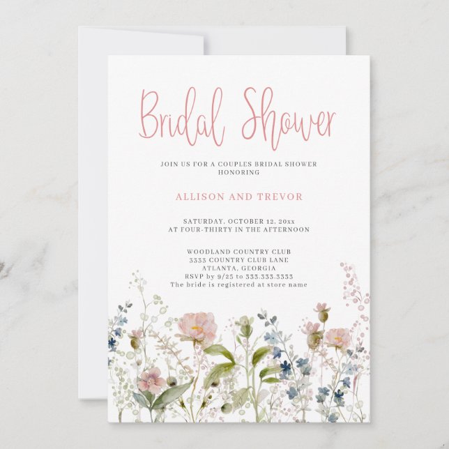 Pink Wildflower Floral Couples Bridal Shower Invitation (Front)