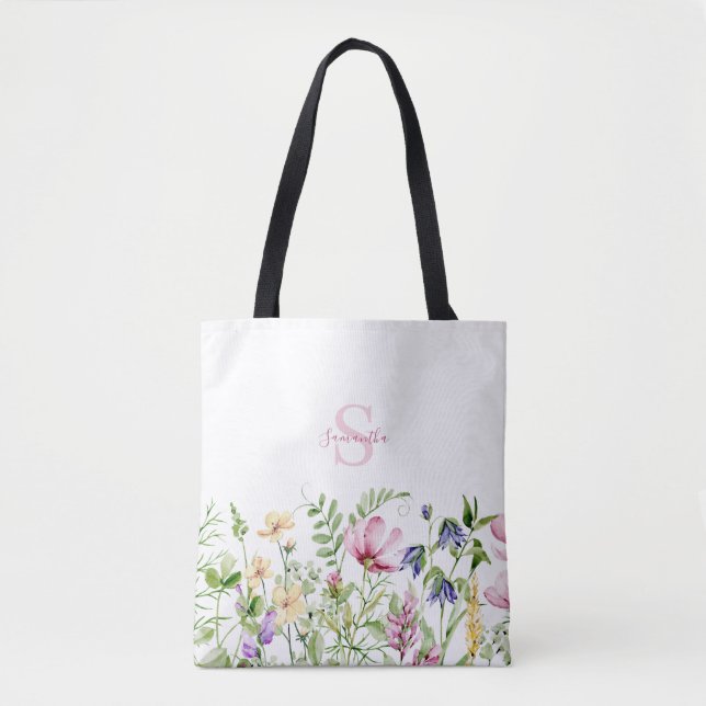 Pink Wildflower Floral Monogram  Tote Bag (Front)