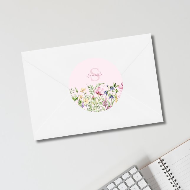 Pink Wildflower Floral Personalised  Classic Round Sticker (Creator Uploaded)